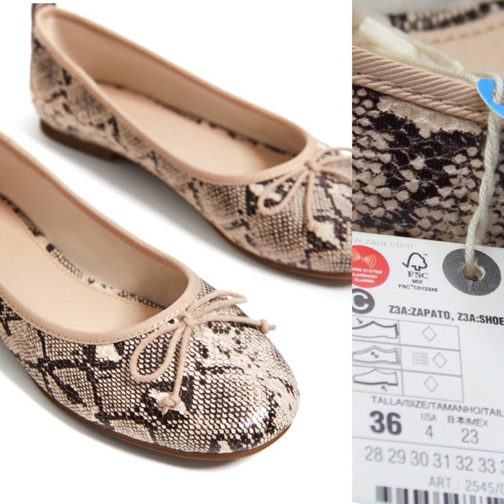 Zara NWT Snake Effect Print Ballerina Flats with Bow 4 36 Kids + Petite Feet
